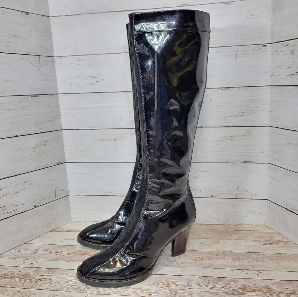 Marc Jacobs black patent leather and suede knee high heeled boots
